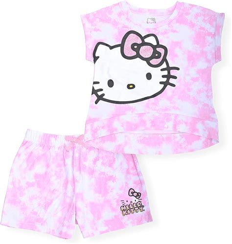 Hello Kitty Girls 2 Piece Fashion Tee Shirt And Active Short Set With Tie Front Top And Fashion