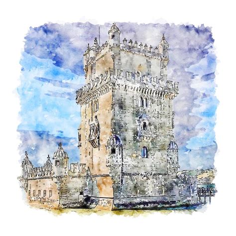 Belem Lisboa Portugal Watercolor Sketch Hand Drawn Illustration