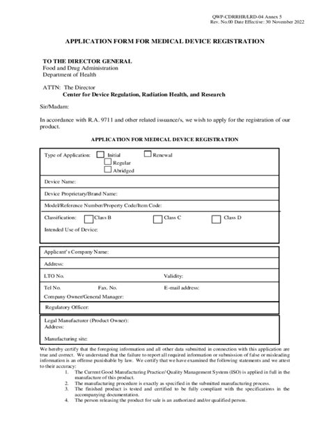 Fillable Online APPLICATION FORM FOR MEDICAL DEVICE ... Fax Email Print - pdfFiller