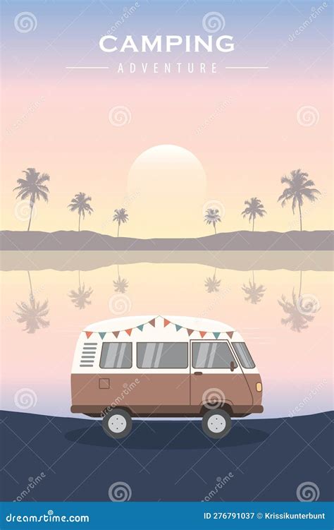 Tropical Camping Adventure Summer Holiday With Camper Vector