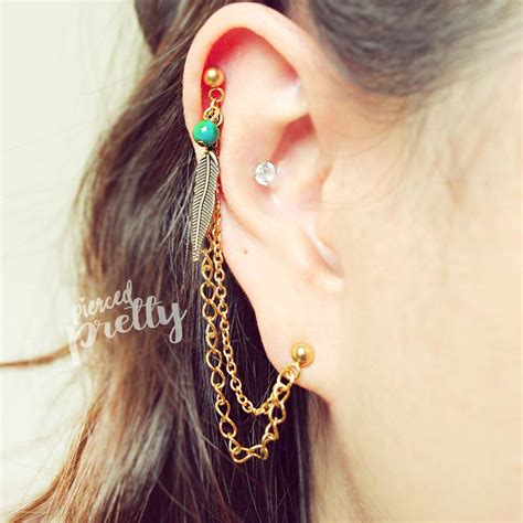 G G Helix To Lobe Double Chain Earring Dangle Chain Earring Helix