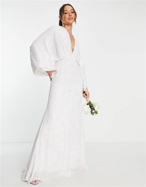 Asos Ciara Sequin Kimono Sleeve Wedding Dress In In White Lyst