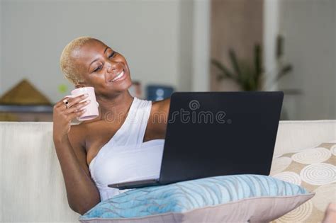 Young Beautiful Happy Black Afro American Woman Smiling Working On