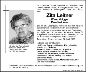 Traueranzeigen Von Zita Volgger Trauer Bz