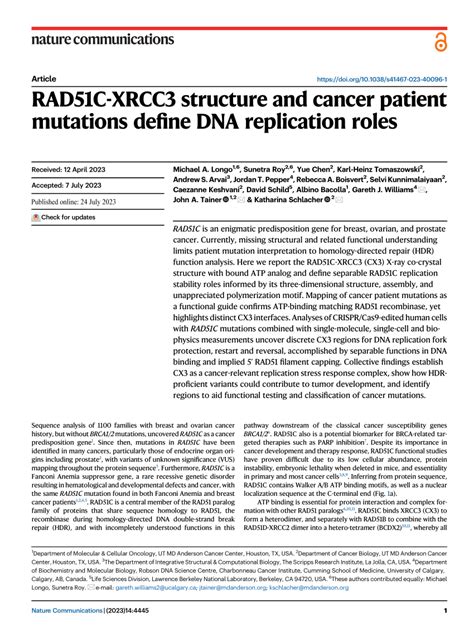 PDF RAD51C XRCC3 Structure And Cancer Patient Mutations Define DNA