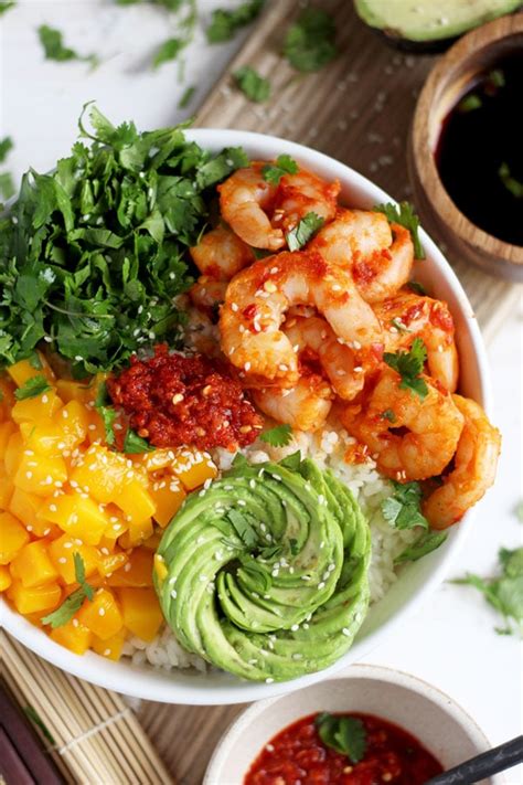 Spicy Shrimp, Mango and Avocado Sushi Bowl - The Wooden Skillet