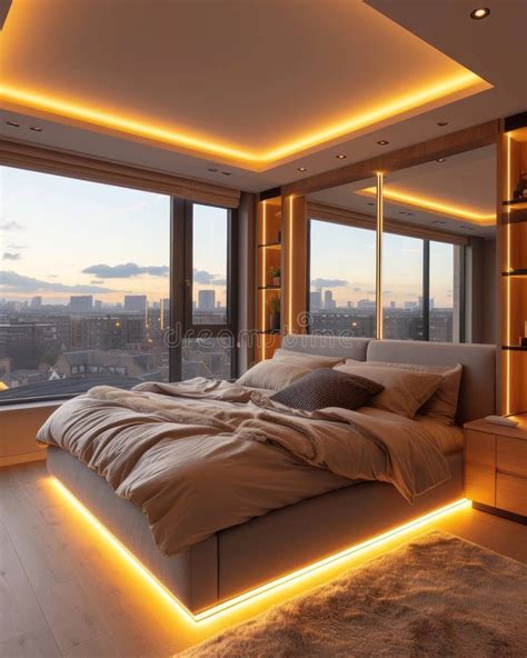 Serene Modern Bedroom With Ambient Lighting And Warm Wood Tones Stock
