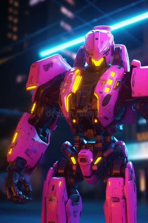 Pink Mecha Giant Robot With Lights Over Cityscape Created Using Generative Ai Technology Stock