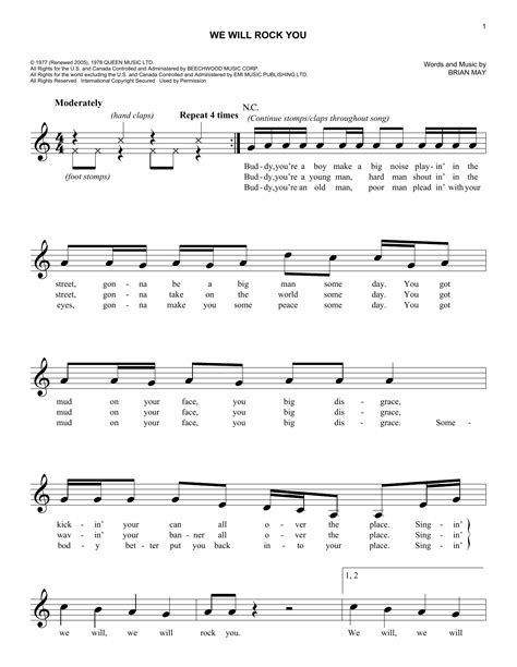 We Will Rock You Sheet Music Queen Melody Line Lyrics Chords