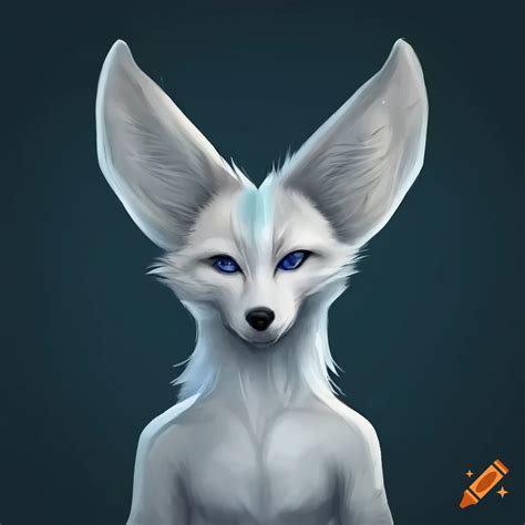 Anthropomorphic Male White Wolf With Fennec Fox Ears And Blue Eyes In