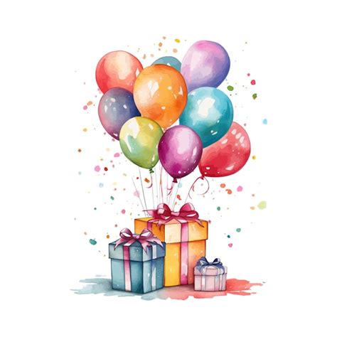 Aquarell Geburtstag Illustration Clipart Bunte Luftballons Und Konfetti