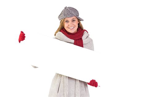 Happy Blonde In Winter Clothes Showing Card Woman Banner Looking Card