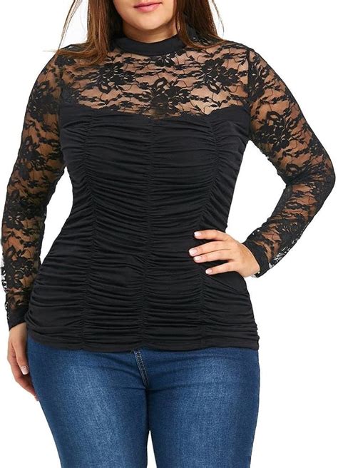 Kolylong Übergröße Blusen Damen Frauen Elegant Spitze Langarm Shirt