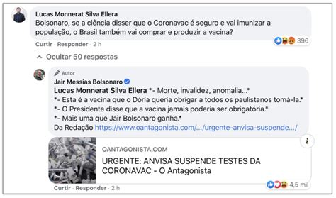 Após suspensão de testes da CoronaVac Bolsonaro diz que ganhou de