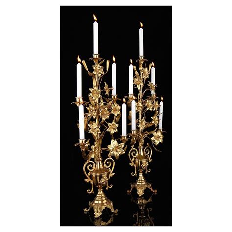 Pareja De Candelabros De Iglesia Franceses En Bronce Dorado 72 Cms