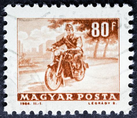 Motorcycle Messenger In Vintage Hungarian Stamp Editorial Photo Image