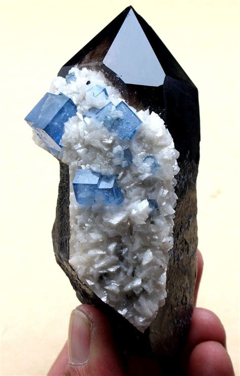 Transparent blue cube fluorite with calcite on a smoky quartz point ...