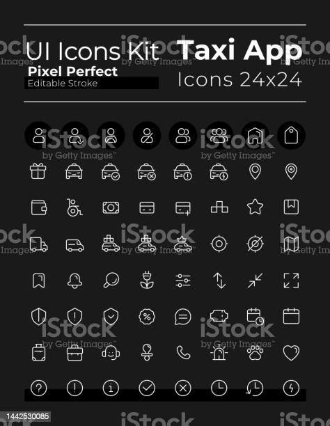 택시 서비스 픽셀 완벽한 흰색 선형 Ui 아이콘 어두운 테마 설정 개념에 대한 스톡 벡터 아트 및 기타 이미지 개념 개체