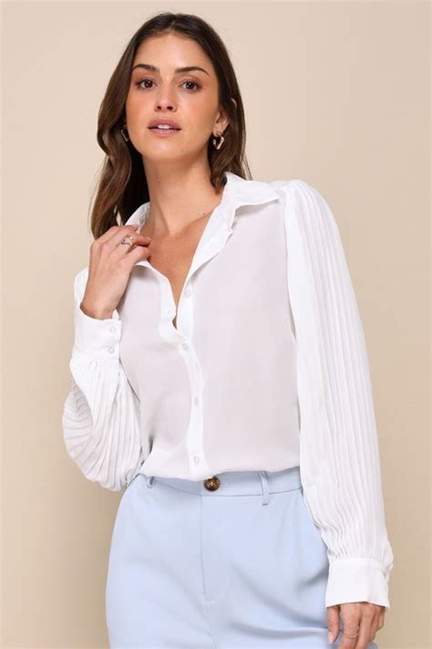 Successful Poise White Pleated Sleeve Button Up Top In Top