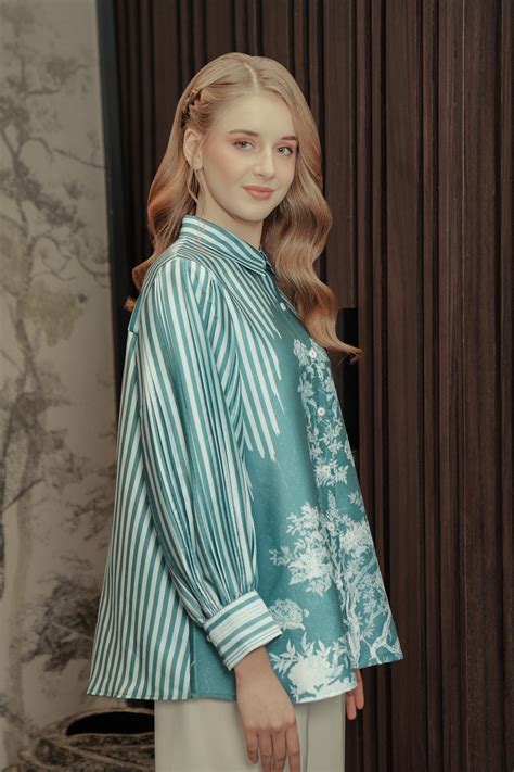 Chinoiserie Pleated Shirt Teal Buttonscarves Malaysia
