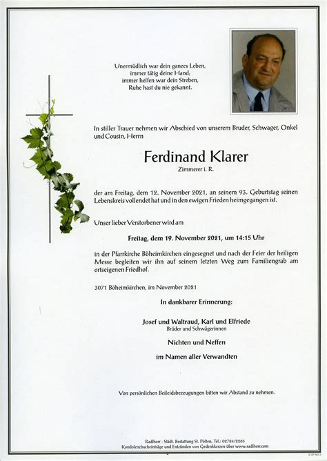 Klarer Ferdinand Bestattung Radlherr