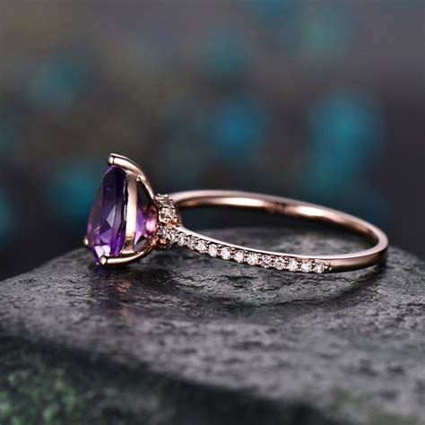 Amethyst Engagement Ring Pear Shaped Solid 14k Rose Etsy