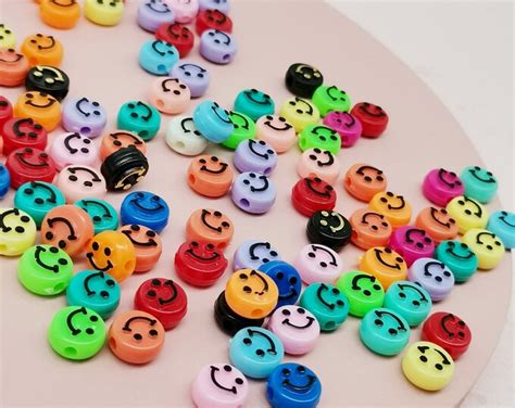 Smiley Face Beads Rainbow Smiley Beads Flat Round Acrylic Beads Bead