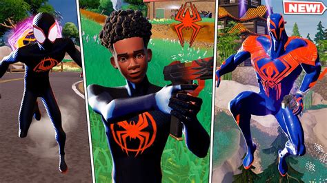 Fortnite Spider Man Miles Morales And Spider Man 2099 Skins Gameplay Across The Spider Verse