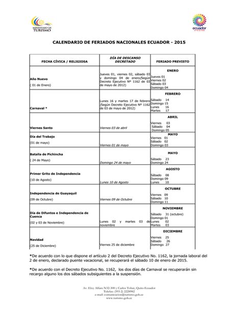 Calendario De Feriados Nacionales Ecuador