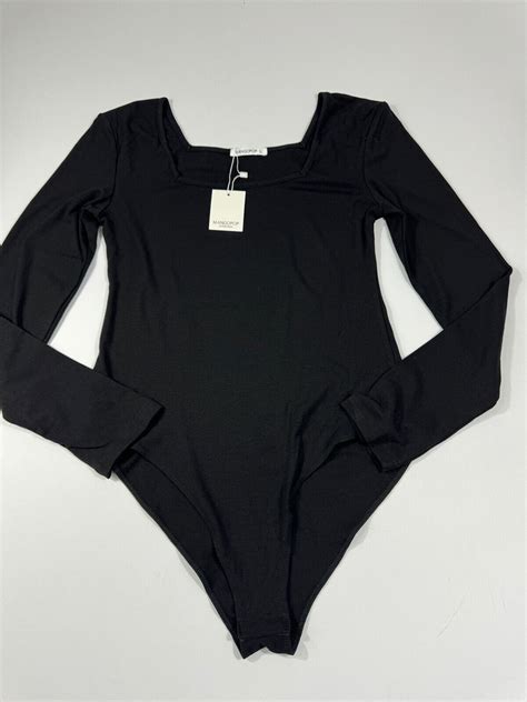 Mangopop Women S Square Neck Long Sleeve Bodysuit Color Black Size M Ebay