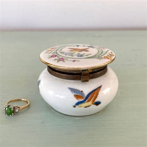 Vintage Hand Painted Porcelain Trinket Box With Floral Bird Etsy