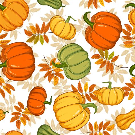 Seamless Autumn Pattern With Bright Pumpkins And Leaves Hand Drawn