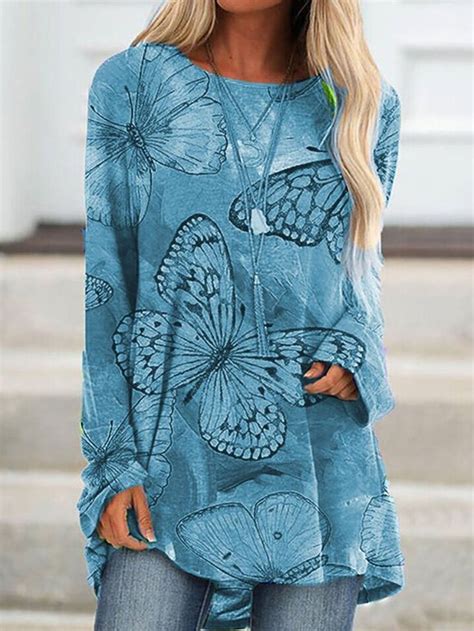 Round Neck Butterfly Print Casual Long Sleeved T Shirt Long Sleeve