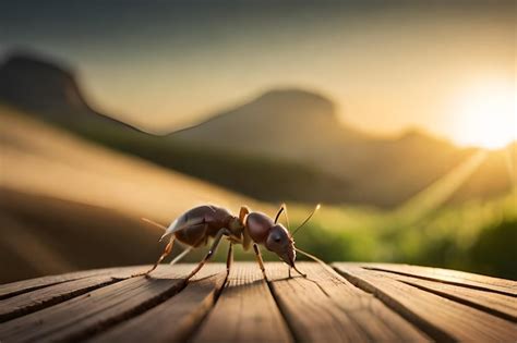 Un Primer Plano De Una Hormiga En Una Mesa De Madera Con Una Puesta De