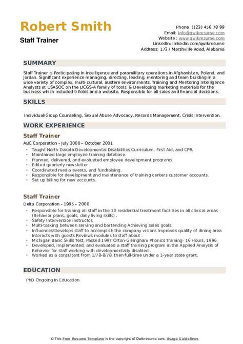 Staff Trainer Resume Samples Qwikresume