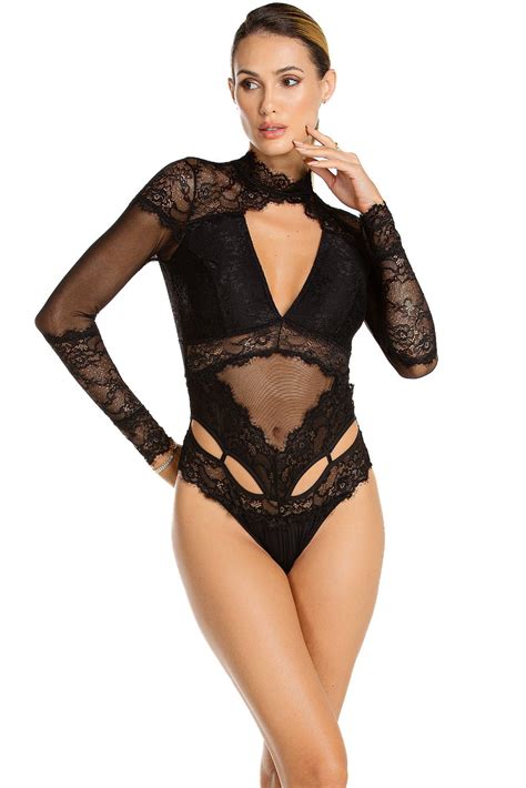 Body De Renda Manga Longa Recortes Sem Bojo Preto Magnific