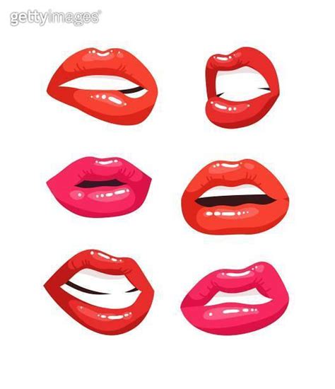 Sexy Female Lips With Red Lipstick Vector Fashion Illustration Woman Mouth Set Gestures