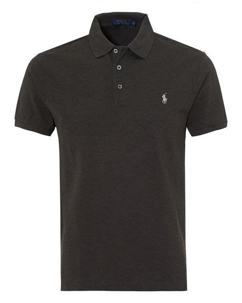 Ralph Lauren Mens Charcoal Plain Mesh Polo Stretch Grey Polo Shirt