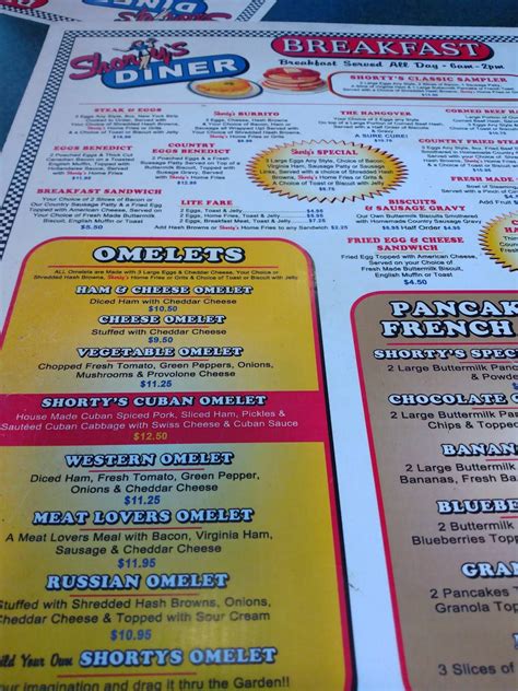 Menu at Shorty's Diner restaurant, Richmond