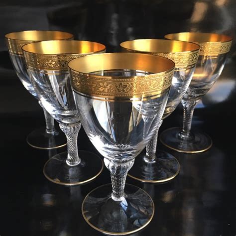 Theresienthal 5 Elegant Crystal Wine Glasses Rich Textured Gold Border 24 Carat Gold Rim