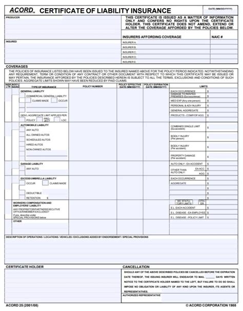 Certificate Of Liability Insurance Checklist Template Free Word Templates