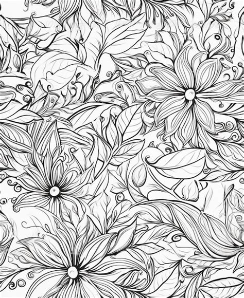 Premium Ai Image Seamless Pattern With Outline Flowers And Leaves On