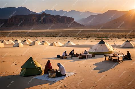 Premium AI Image | tents in the desert with mountains in the background