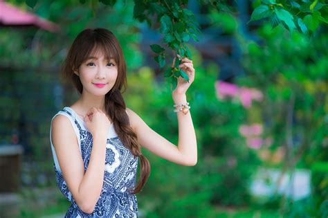 Image Brown Haired Plait Smile Bokeh Girls Asian Hands Branches