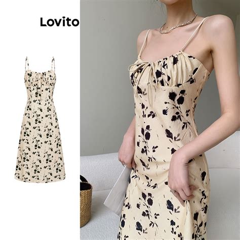 Lovito Casual Ditsy Floral Ruched Lace Up Dress For Women L Ed