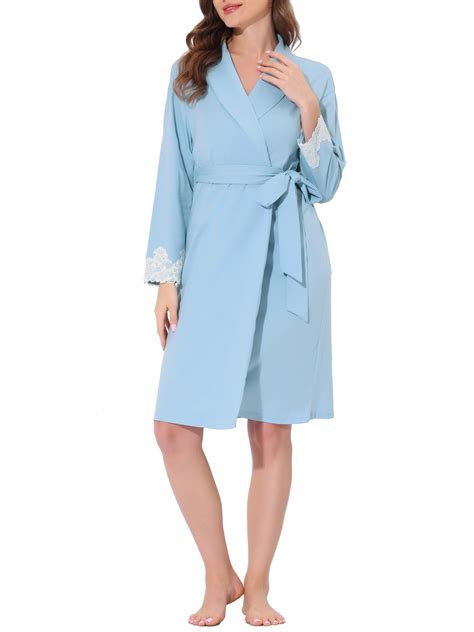 Unique Bargains Womens Pajamas Robe Sleepwear Lace Nightgown Tie Waist