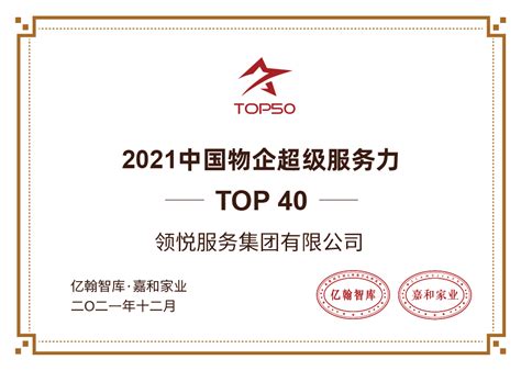 再获行业认可！领悦服务荣膺“2021中国物企超级服务力top 40” 领悦物业服务集团有限公司