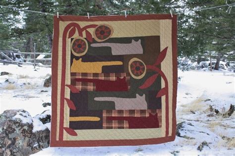 Primitive Quilts Red Wagon Cat Quilt Hand Quilting Snowy Folk Art