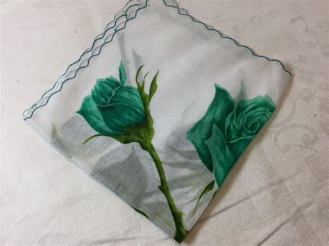 Vintage Turquoise And Green Rose Hankie Or Handerkerchief With