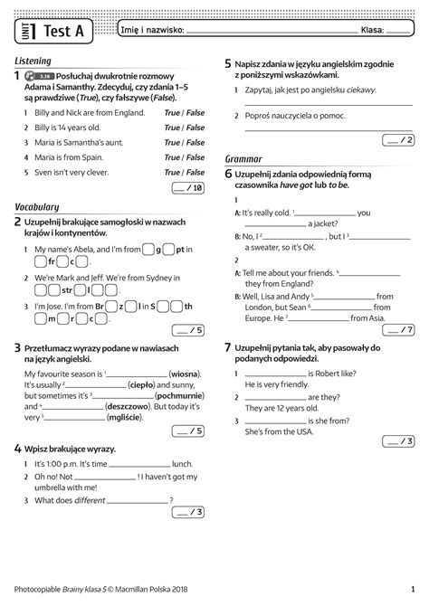 Brainy kl5 Unit Test 1 A Sprawdzian dla klasy 5 UNIT 1 Test A Imię